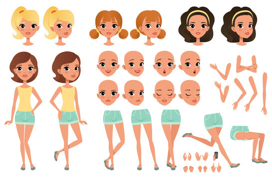 Teenager girl character creation set with various views, poses, face emotions, hands gestures and haircuts. Female character full length portrait. Isolated flat vector