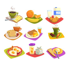 Classic breakfast ideas set. Cartoon illustration with coffee and toast with butter, fruits, milk and croissant, fried eggs and bacon, waffles with honey. Flat vector