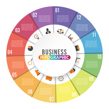 Circle chart infographic template with 12 options for presentations, advertising, layouts, annual reports
