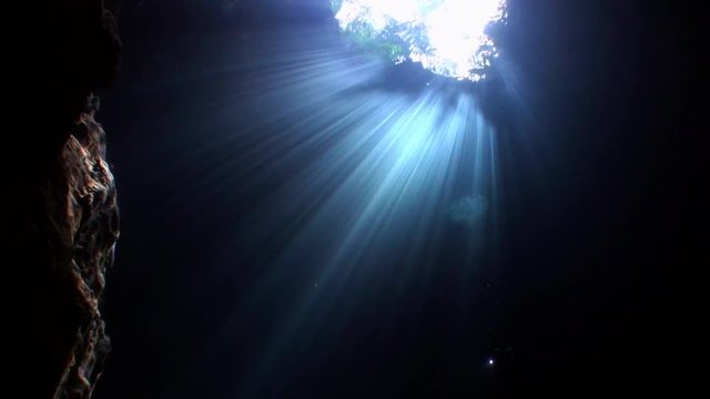 Caves of Yucatan cenotes underwater in Mexico. Scuba diving in clean and clear underground water in reflection of sunlight.