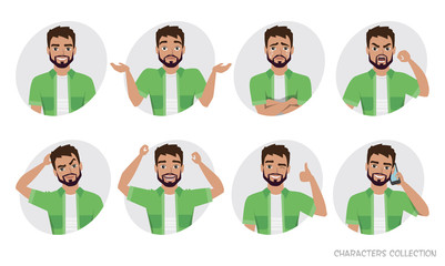Character men hipster. A collection of several movements and emotions.