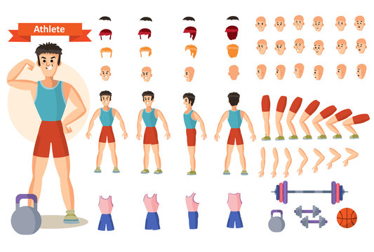 Set for creating character man athlete, vector cartoon illustrations. Faces, front, side and back view, emotions,arms and legs in different positions, clothes and dumbbells for weight training