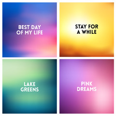 Abstract vector sunset blurred background set. Square blurred background - sky clouds colors With love quotes