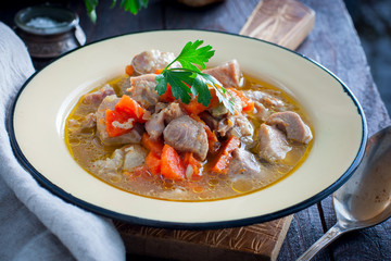 Turkey stew with carrots, onions and celery, horizontal