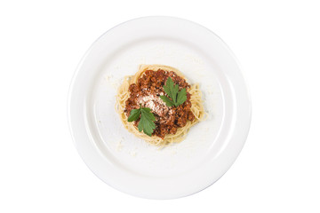 Italian spaghetti pasta with beef and tomato sauce bolognese on white plate isolated