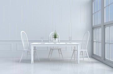 White eating room decorated with tree in vase glass,white chair and desk,window,flower,fork,spoon,wine
 glass, White wall it is pattern, The sun shines through the window into the shadow. 3d render.