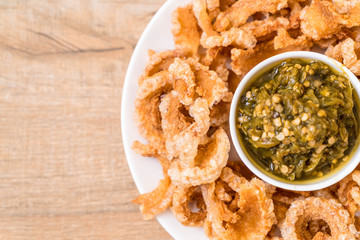 Fried pork rince or Pork snack with Northern Thai Green Chilli Dip