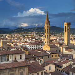 Fototapeta na wymiar Old tower and belfry with sun lights and clouds in Florence in Italy