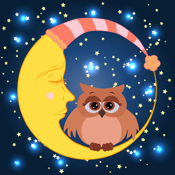 A lovely cartoon owl with sad eyes sits on a drowsy crescent moon against the background of the night sky with stars