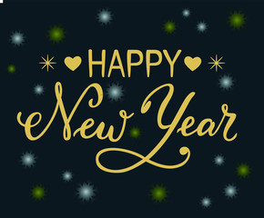 Hand drawn brush calligraphy lettering of Happy New Year with golden letters with snowflakes and hearts as decorative elements on dark background with white and yellow snowflakes for banner, poster
