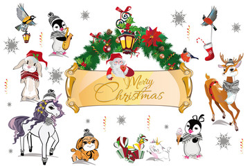 Christmas set of cute animals in winter hats.  Green garland with Santa. Hand drawn vector illustration.