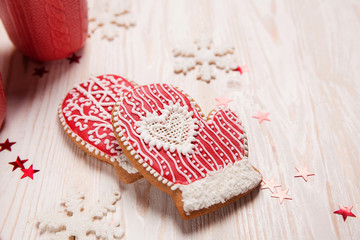 Christmas cookies on white wooden background festive decoration