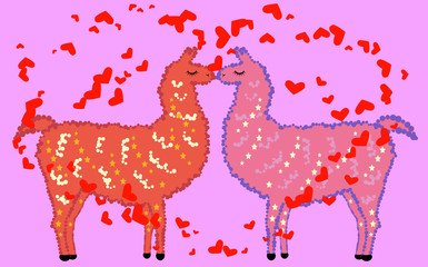 Two lovers kissing llamas surrounded by hearts. Love in the air, postcard to the day of Saint Valentine