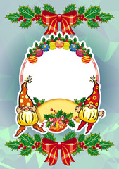 Holiday card with Christmas decorations and funny gnomes. Copy space.