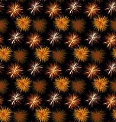 Seamless pattern with stars that seem to explode like fireworks in browns on a black background.