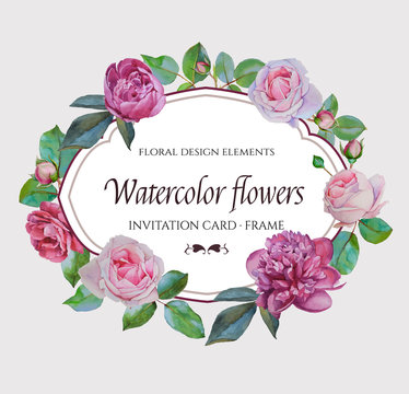 Vector floral frame with watercolor roses and peonies. Invitation card with wreath of hand-drawn watercolor flowers