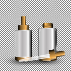Collagen Premium Serum white containers template with dropper, glossy bottles on the transparent background. Mock-up 3D Realistic Vector illustration