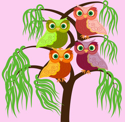 Fototapeta na wymiar Bright cute cartoon owls sit on the flowering branches of fantastic trees