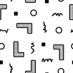 Abstraction of a modern style with a composition of various geometric shapes. Seamless vector illustration. Memphis, retro texture. Fashion 80's 90's. Background for printing.