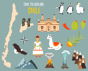 Big Set with landmarks, animals, symbols of Chile - obrazy, fototapety, plakaty