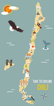 Map of Chile with destinations, animals, landmarks
