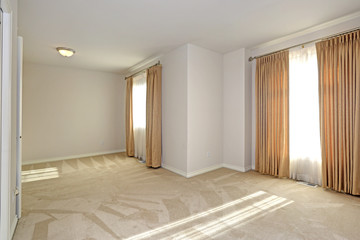 Empty sun filled room with carpet floor and cream walls