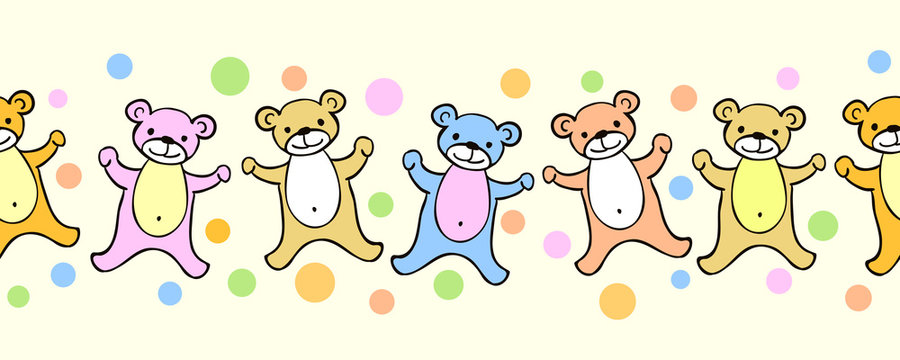 Funny teddy bears seamless pattern or border with dots. Cute vector cartoon illustration for kids. Soft pastel color bear frame background for children.
