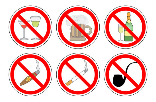 No smoking and drinking alcohol, set of prohibition sign, vector.