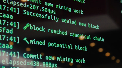 Screen with software developer code. Screen with crypto code, green digitals. Code bitcoin on the monitor screen