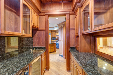U-shaped wet bar with paneled walls