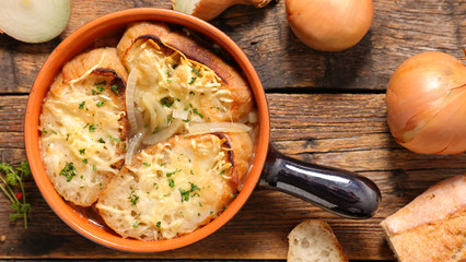 baked onion soup with bread and cheese