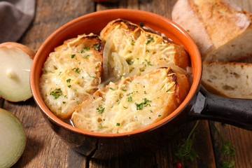 baked onion soup with bread and cheese