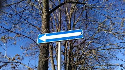 one way on the left traffic sign  against naked trees in winter