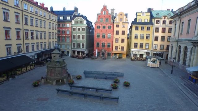 Aerial of Stortorget, old town. Gamla Stan. Popular touristic attraction in Stockholm, Sweden