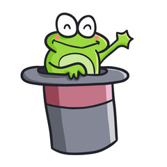 Funny and cute green frog come out from magician hat - vector.