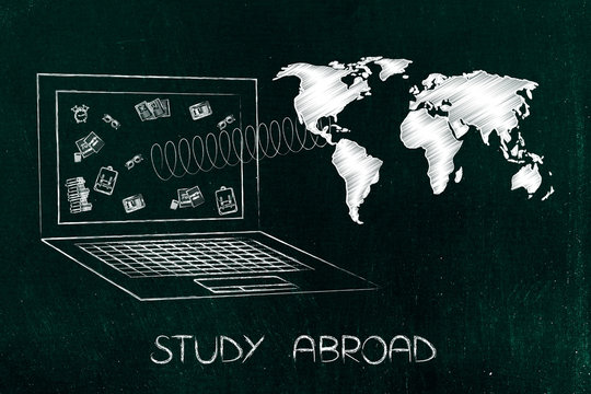 study abroad laptop with school objects on the screen and world map popping out