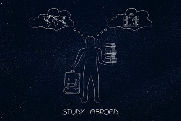 student with backpack and pile of books thinking about studying in another country