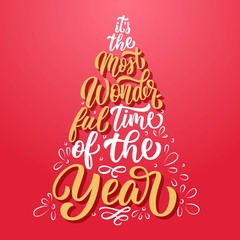 Custom lettering It's the most wonderful time of the year in Christmas fir tree silhouette illustration, on festive red background. Vector holiday poster design. © Ann Lou