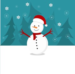 snowman in Santa Claus red hat, greeting winter snowy landscape background