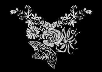 abstract flower with rose and butterfly embroidery artwork design for neckline clothing, isolated vector on black background