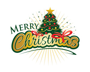 christmas tree with gift bow and colorful circles and rays, illustration design, isolated on  white background. 