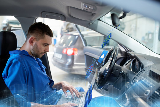 Mechanic Man With Laptop Making Car Diagnostic