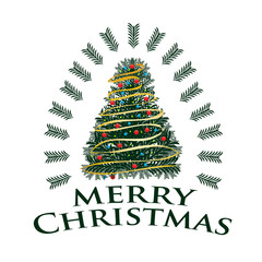 merry Christmas with detailed tree and gold stripes with red circles, illustration design, isolated on  white background. 