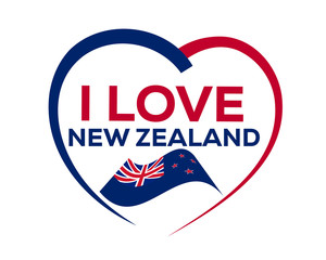 I love new zealand with outline of heart and flag of new zealand, icon design, isolated on white background.