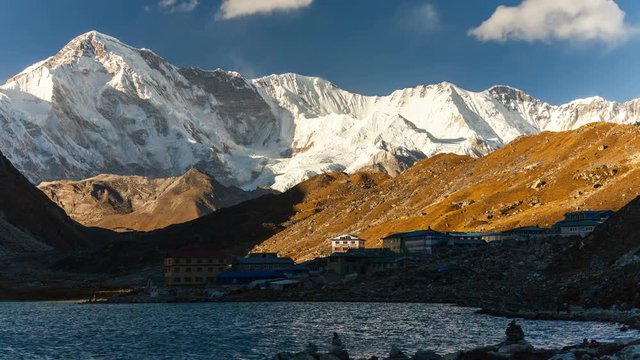 View to Gokyo, lake Dudh Pokhari, peak Gokyo Ri, mount Cho Oyu. Himalayas.