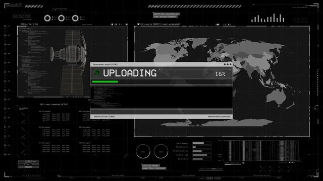 Uploading dialog box on screen, global communication, satellite orbiting Earth. Program interface with satellite tracking information, hackers uploading virus