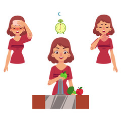 Vector young woman with illness set. One girl holding forehead because of headache, another suffering from insomnia and girl eating vitamins, with healthy sleep and lifestyle. isolated illustration