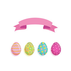 vector flat easter chicken eggs and pink ribbon icon set. Spring holiday decorated festive symbols colored with circles, dots print for your design. Isolated illustration on a white background