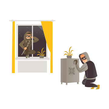 vector cartoon thief burglar housebreaker in mask, hood, breaking and entering in a victim's house through window, another One opening safe box. Isolated illustration on a white background.
