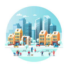 Fototapeta premium Winter city. People in the park on a background of the cityscape with a road, houses and modern skyscrapers. Vector illustration.
